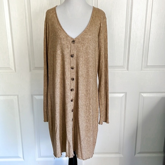 NWT Forever 21 Plus Oatmeal Tan Ribbed Soft V Neck Button Down Dress Sz 3X - Picture 1 of 12